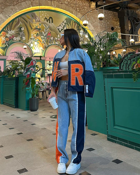 Essie Denim Printed Premium Trackset - full-length styling shot on model, blue and orange - Miss Mosa By Akanksha
