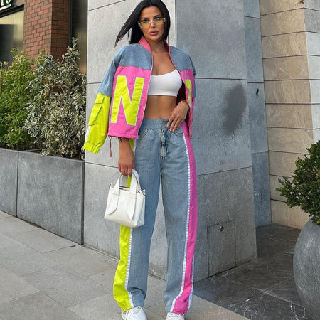 Essie Denim Printed Premium Trackset - front shot on model outdoors, pink and yellow - Miss Mosa By Akanksha