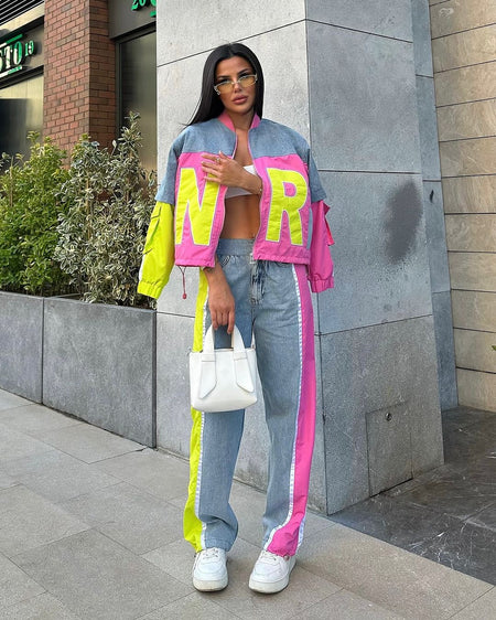 Essie Denim Printed Premium Trackset - front shot on model outdoors, pink and yellow - Miss Mosa By Akanksha