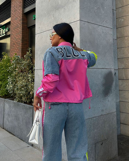 Essie Denim Printed Premium Trackset - back shot on model showing jacket, pink and denim blue - Miss Mosa By Akanksha