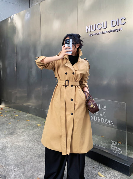 Essie Statement Premium Trenchcoat - front mirror selfie on model, beige - Miss Mosa By Akanksha