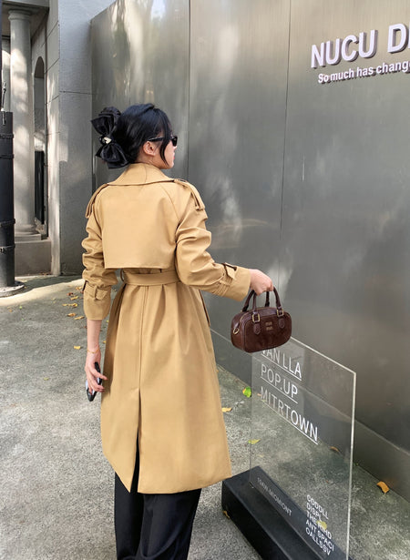 Essie Statement Premium Trenchcoat - back shot on model, beige - Miss Mosa By Akanksha