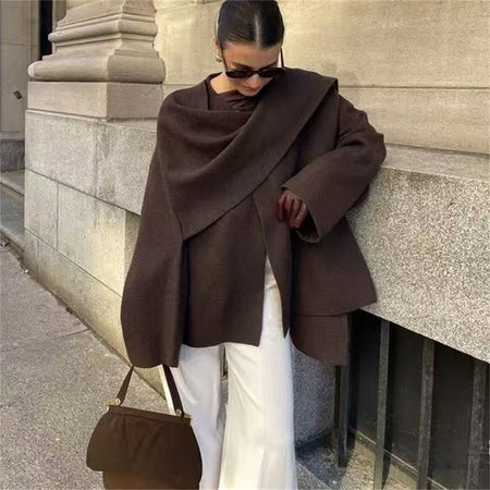 Essie Vintage Woolen Short Coat With Scarf In Brown - front shot on model - Miss Mosa By Akanksha