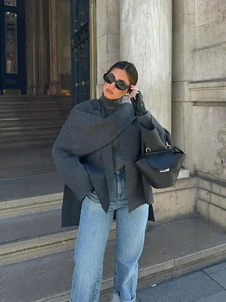 Essie Vintage Woolen Short Coat With Scarf In Grey - styling shot on model outdoors - Miss Mosa By Akanksha