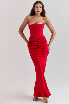 Estelle Corset Maxi Dress - full-length shot on model, red - Miss Mosa By Akanksha