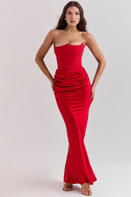 Estelle Corset Maxi Dress - full-length shot on model, red - Miss Mosa By Akanksha
