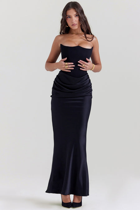 Estelle Corset Maxi Dress - front shot on model, black - Miss Mosa By Akanksha