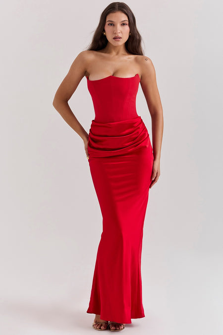 Estelle Corset Maxi Dress - full-length shot on model, red - Miss Mosa By Akanksha