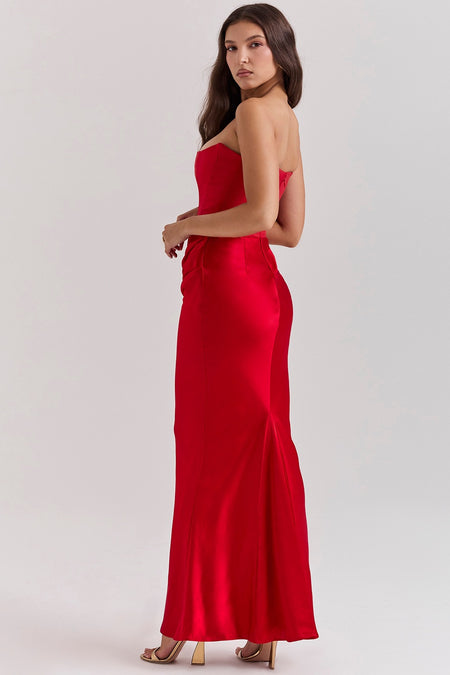 Estelle Corset Maxi Dress - side shot on model, red - Miss Mosa By Akanksha