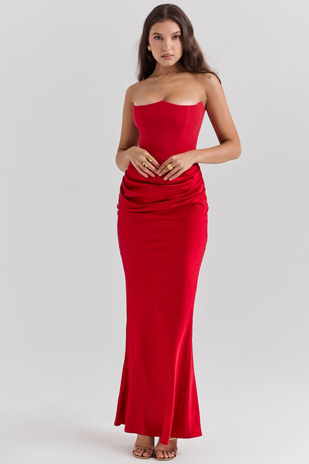 Estelle Corset Maxi Dress - full-length shot on model, red - Miss Mosa By Akanksha