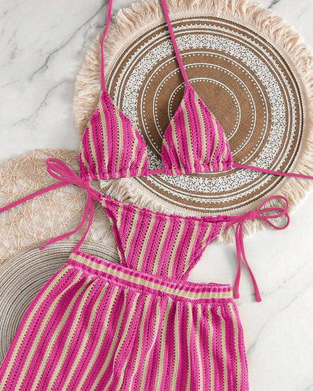 Estrella 2 Pcs Stripe Swimsuit With Shorts - flat-lay shot, pink, cream and green stripe - Miss Mosa By Akanksha