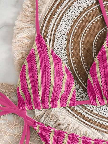Estrella 2 Pcs Stripe Swimsuit With Shorts - detail shot, pink, cream and green stripe - Miss Mosa By Akanksha