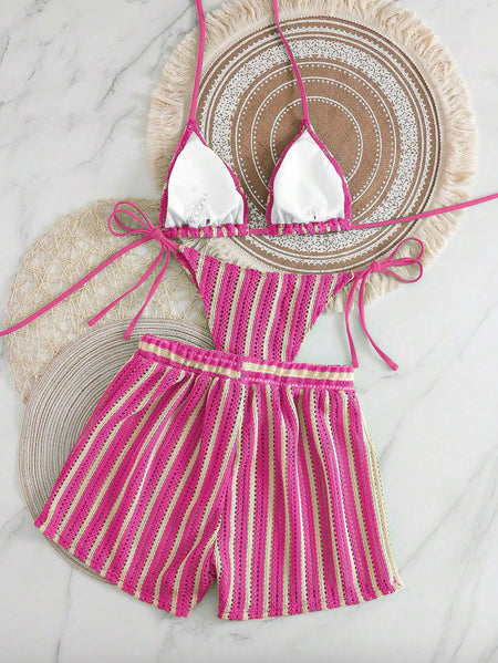 Estrella 2 Pcs Stripe Swimsuit With Shorts - flat-lay shot, pink, cream and green stripe - Miss Mosa By Akanksha