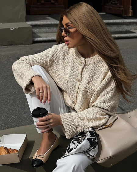 Eudora Knitted Oversized Cardigan - side shot on model, beige - Miss Mosa By Akanksha