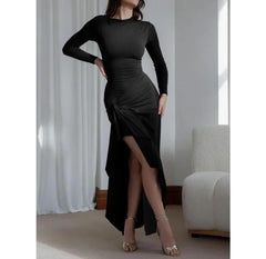 Evana Statement Slit Maxi Dress - front shot on model, black - Miss Mosa By Akanksha