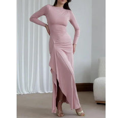 Evana Statement Slit Maxi Dress - front shot on model, pink - Miss Mosa By Akanksha