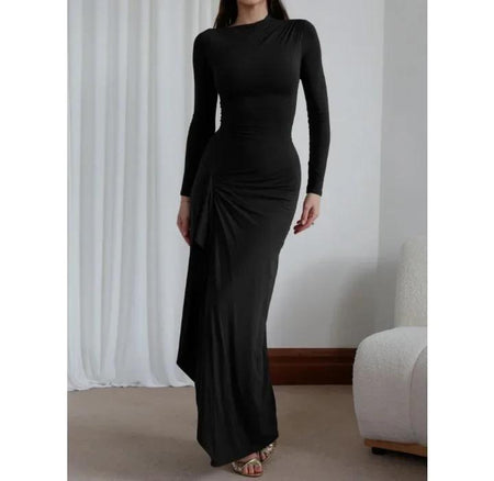 Evana Statement Slit Maxi Dress - full-length front shot on model, black - Miss Mosa By Akanksha