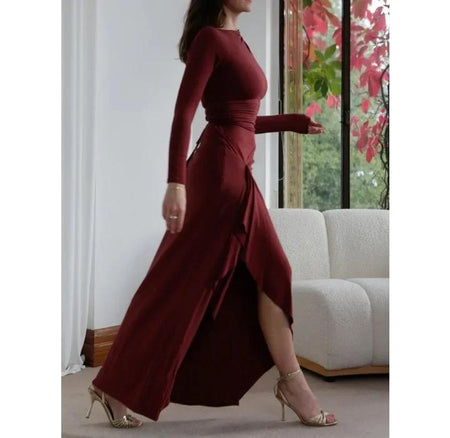 Evana Statement Slit Maxi Dress - side shot on model, red - Miss Mosa By Akanksha