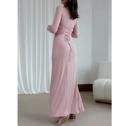 Evana Statement Slit Maxi Dress - back shot on model, pink - Miss Mosa By Akanksha