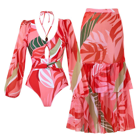 Evanna Swimsuit With Ruffled Skirt In Pink - flat-lay product shot of swimsuit and skirt - Miss Mosa By Akanksha