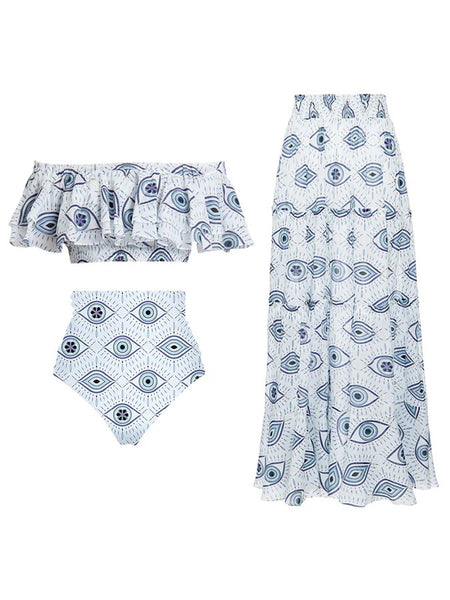 Evil Eye Luxe Swimsuit with Skirt In Blue - flat-lay product shot, white - Miss Mosa By Akanksha