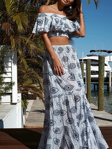 Evil Eye Luxe Swimsuit with Skirt In Blue - lifestyle shot on model, white - Miss Mosa By Akanksha