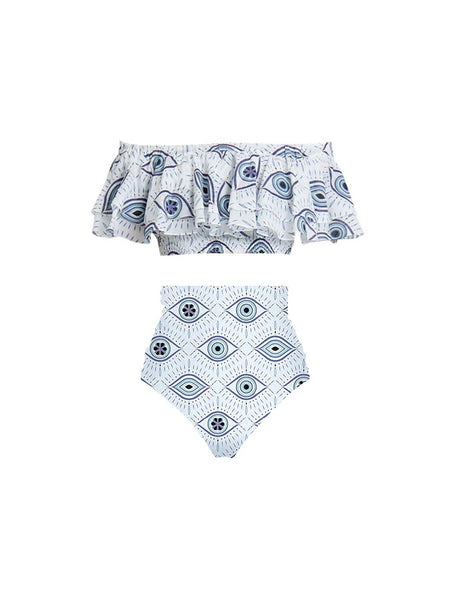 Evil Eye Luxe Swimsuit with Skirt In Blue - flat-lay product shot, white - Miss Mosa By Akanksha