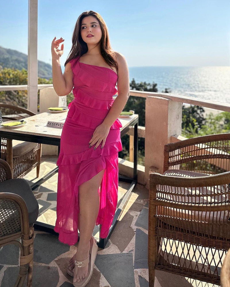 Atlee Ruffled Maxi Dress in Pink - Alamode By Akanksha