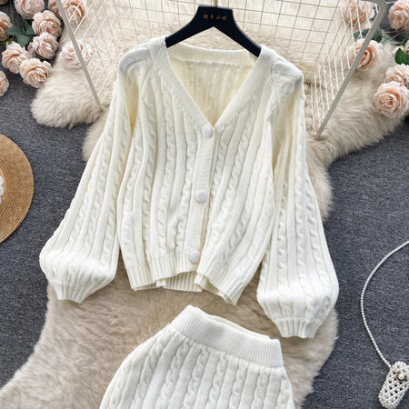 Crystella  Winter Coord Set - Set of Sweater and Skirt In Beige