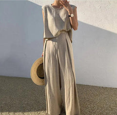 Falrey Statement Linen Suit Set - full-length front shot on model, beige - Miss Mosa By Akanksha