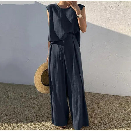 Falrey Statement Linen Suit Set - full-length front shot on model, navy - Miss Mosa By Akanksha