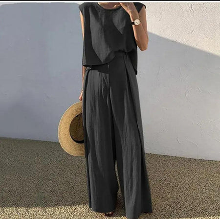 Falrey Statement Linen Suit Set In Black - full-length front shot on model - Miss Mosa By Akanksha