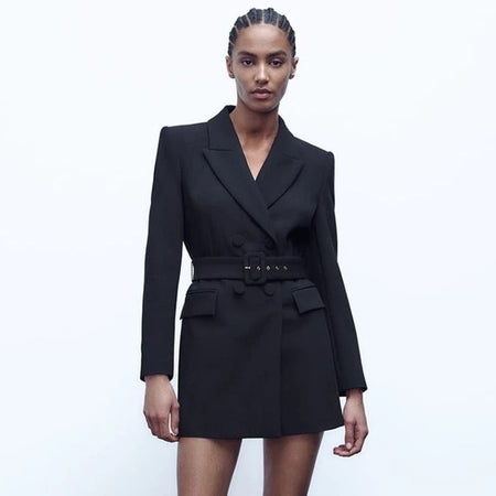 Fanatic Blazer Dress - front shot on model, black - Miss Mosa By Akanksha