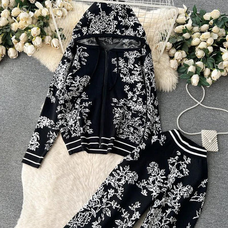 Fary Floral Woolen Coord Set - styled flat-lay shot, black - Miss Mosa By Akanksha