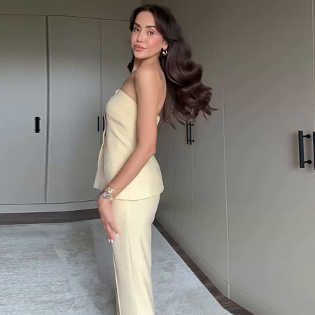 Fayola Offshoulder Coord Set In Light Yellow - side shot on model - Miss Mosa By Akanksha