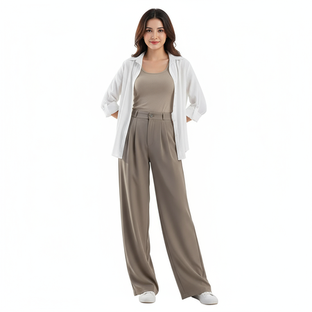Faze Summer Coord Set of 3 In Brown - full-length front shot on model - Miss Mosa By Akanksha
