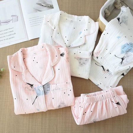 Feather Cotton Gauze Nightsuits - styled flat-lay shot, multicolour - Miss Mosa By Akanksha