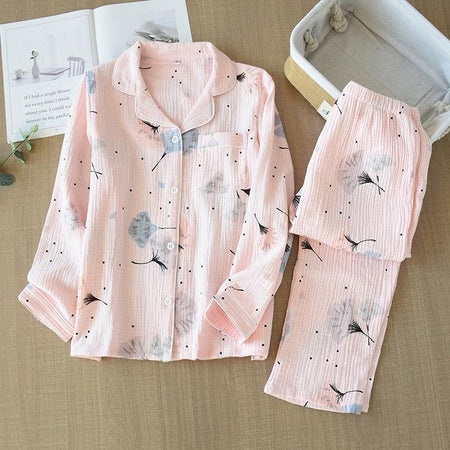 Feather Cotton Gauze Nightsuits - flat-lay product shot, pink - Miss Mosa By Akanksha