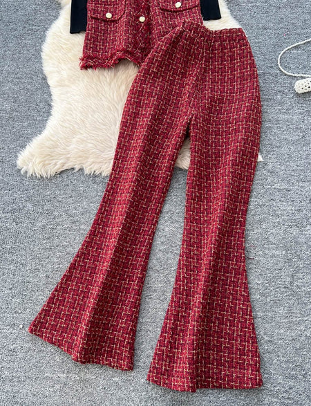Fedora 3 Pc Premium Tweed Coord Set - flat-lay product shot of trousers, maroon - Miss Mosa By Akanksha