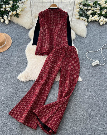 Fedora 3 Pc Premium Tweed Coord Set - flat-lay product shot, maroon - Miss Mosa By Akanksha