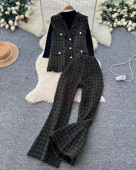 Fedora 3 Pc Premium Tweed Coord Set - flat-lay product shot, black and gold - Miss Mosa By Akanksha