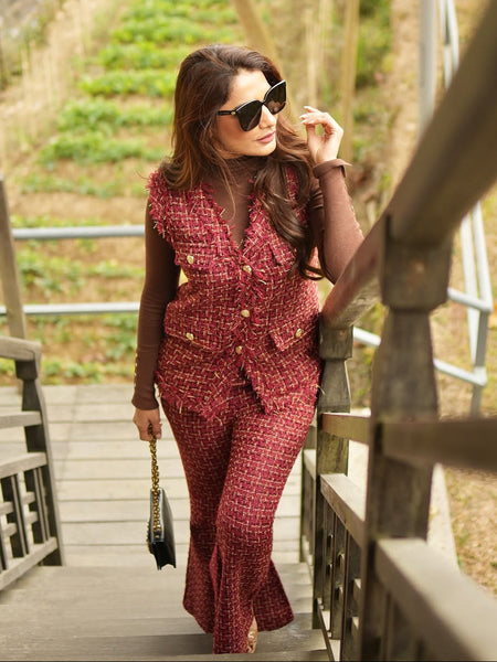 Fedora 3 Pc Premium Tweed Coord Set - full-length shot on model, maroon - Miss Mosa By Akanksha