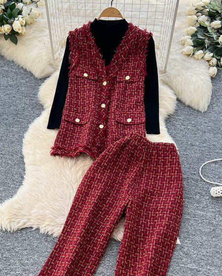 Fedora 3 Pc Premium Tweed Coord Set - flat-lay product shot, maroon - Miss Mosa By Akanksha