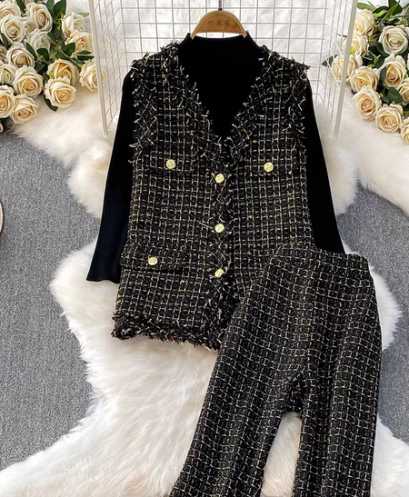 Fedora 3 Pc Premium Tweed Coord Set - flat-lay product shot, black and gold - Miss Mosa By Akanksha