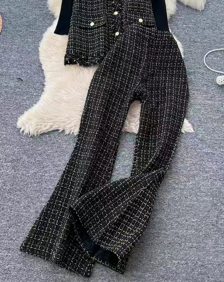 Fedora 3 Pc Premium Tweed Coord Set - flat-lay product shot of trousers, black and gold - Miss Mosa By Akanksha