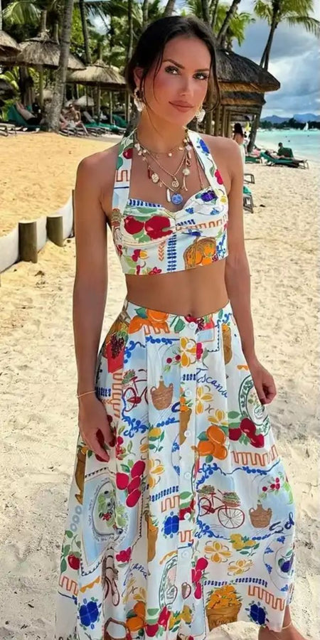 Feli Summer Coord Set In Multicolour - front shot on model on beach - Miss Mosa By Akanksha