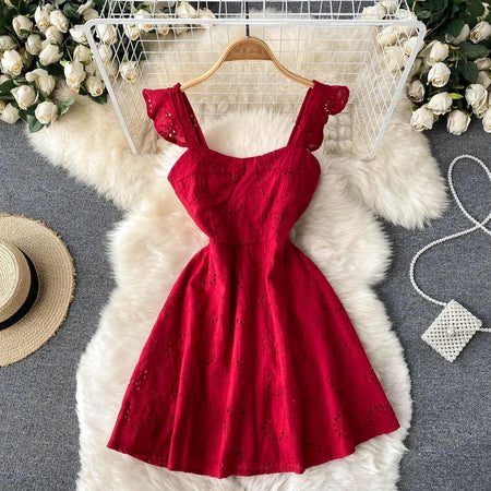 Felipe Eyelet Dress - styled flat-lay shot, red - Miss Mosa By Akanksha