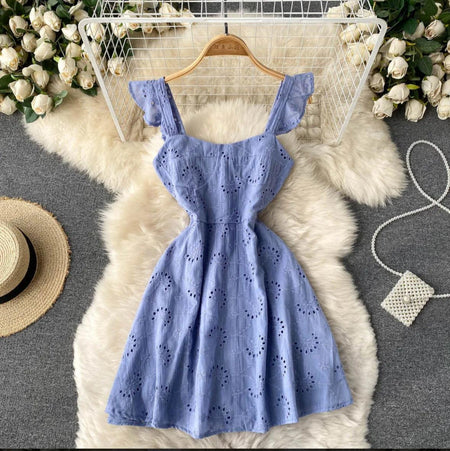 Felipe Eyelet Dress - styled flat-lay shot, blue - Miss Mosa By Akanksha