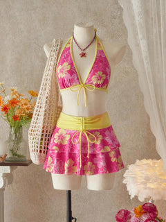 Felix 2 Pcs Swimsuit With Mini Skirt - styled mannequin shot, pink floral with yellow trim - Miss Mosa By Akanksha