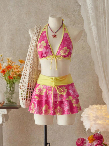 Felix 2 Pcs Swimsuit With Mini Skirt - styled mannequin shot, pink floral with yellow trim - Miss Mosa By Akanksha